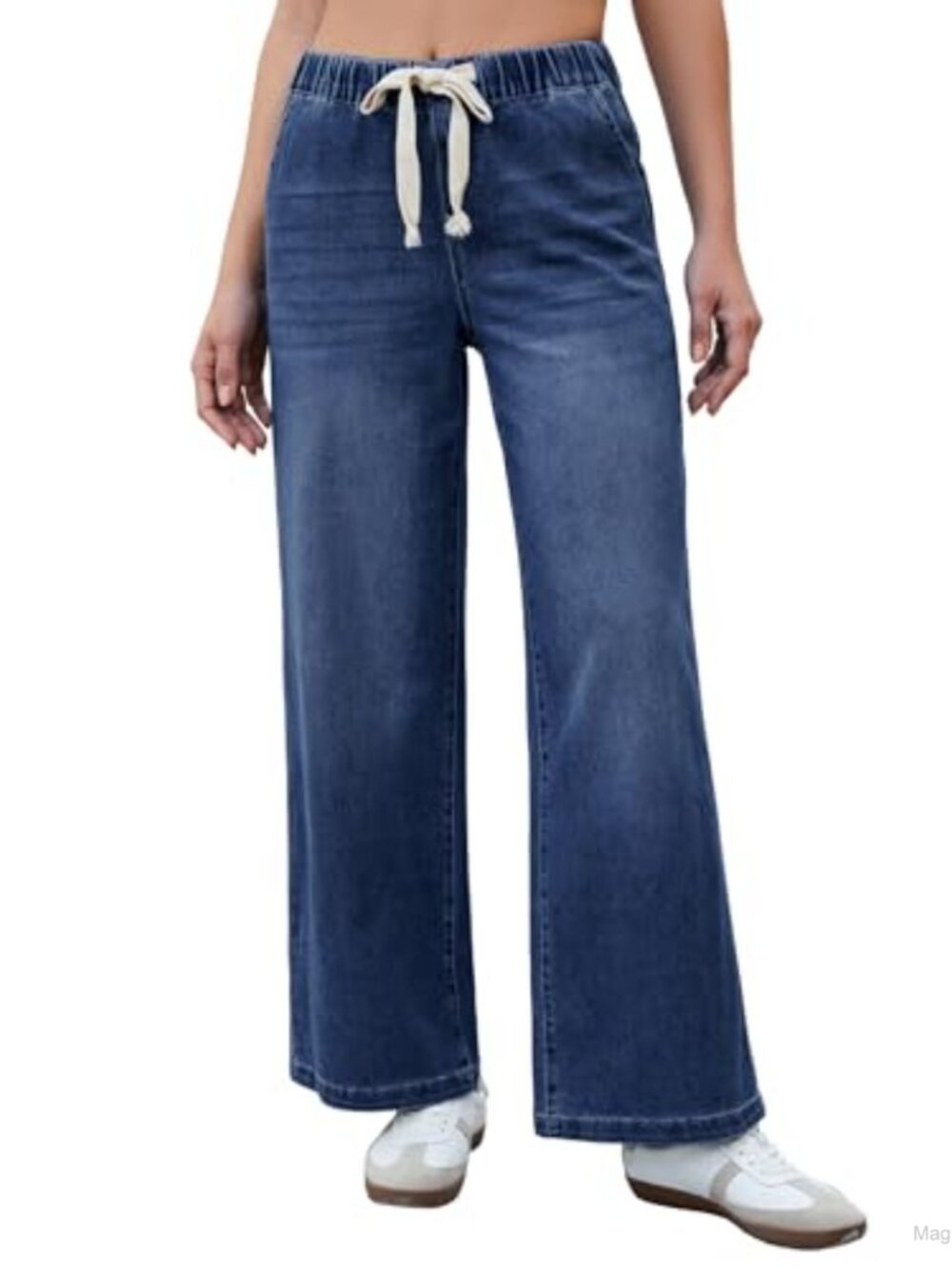 Wide Leg High Waisted Pull On Stretch Denim Jeans with Pockets
